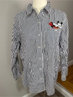 Vintage Mickey Unlimited Womens Button Up Shirt Sz M Blue White Stripe Appliqué